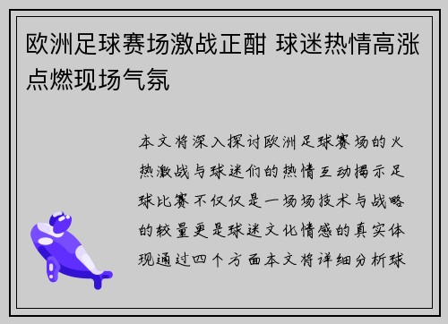 欧洲足球赛场激战正酣 球迷热情高涨点燃现场气氛