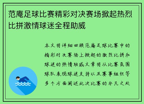 范庵足球比赛精彩对决赛场掀起热烈比拼激情球迷全程助威