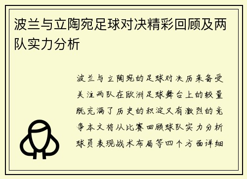 波兰与立陶宛足球对决精彩回顾及两队实力分析