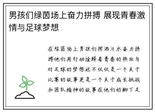 男孩们绿茵场上奋力拼搏 展现青春激情与足球梦想