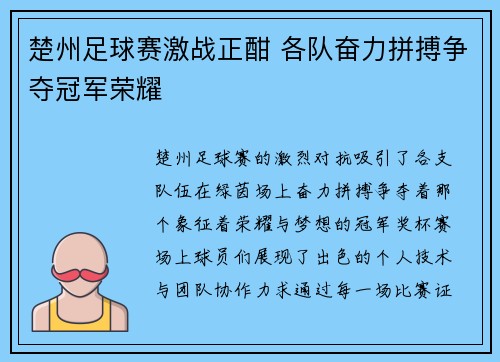 楚州足球赛激战正酣 各队奋力拼搏争夺冠军荣耀