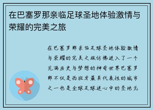 在巴塞罗那亲临足球圣地体验激情与荣耀的完美之旅