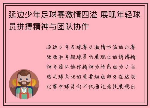 延边少年足球赛激情四溢 展现年轻球员拼搏精神与团队协作