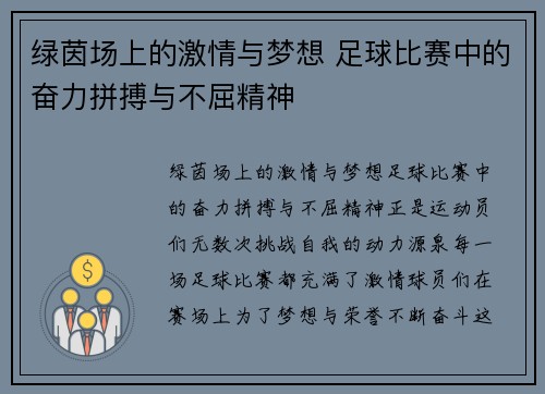 绿茵场上的激情与梦想 足球比赛中的奋力拼搏与不屈精神