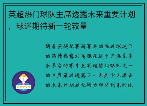英超热门球队主席透露未来重要计划，球迷期待新一轮较量