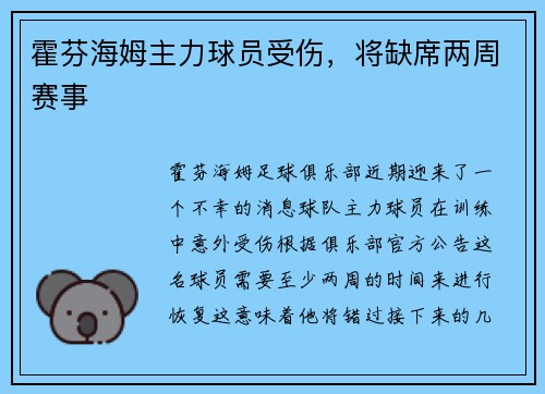 霍芬海姆主力球员受伤，将缺席两周赛事