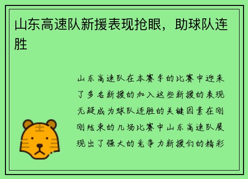 山东高速队新援表现抢眼，助球队连胜