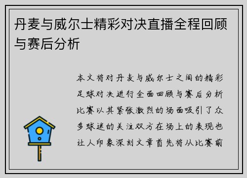 丹麦与威尔士精彩对决直播全程回顾与赛后分析