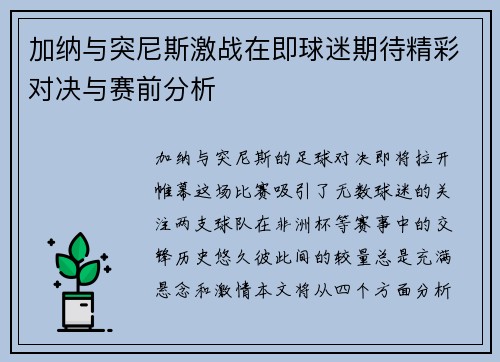 加纳与突尼斯激战在即球迷期待精彩对决与赛前分析