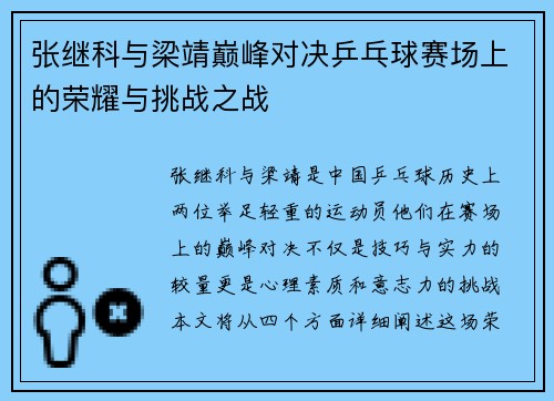张继科与梁靖巅峰对决乒乓球赛场上的荣耀与挑战之战