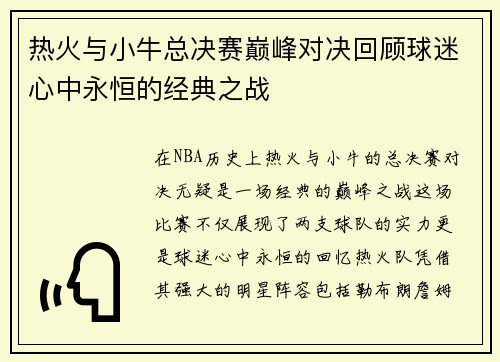 热火与小牛总决赛巅峰对决回顾球迷心中永恒的经典之战