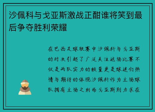 沙佩科与戈亚斯激战正酣谁将笑到最后争夺胜利荣耀