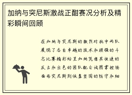 加纳与突尼斯激战正酣赛况分析及精彩瞬间回顾
