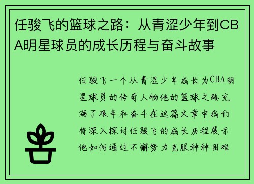 任骏飞的篮球之路：从青涩少年到CBA明星球员的成长历程与奋斗故事