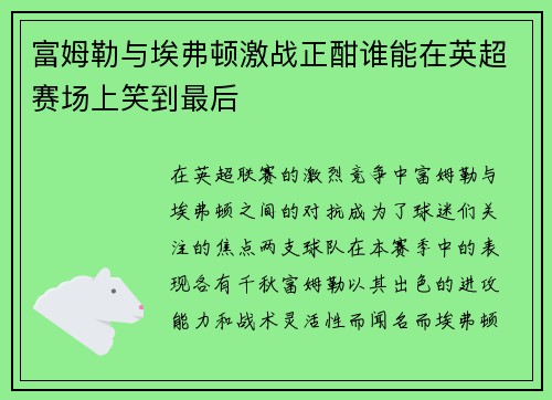 富姆勒与埃弗顿激战正酣谁能在英超赛场上笑到最后