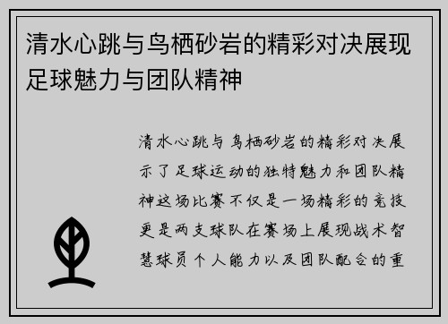 清水心跳与鸟栖砂岩的精彩对决展现足球魅力与团队精神