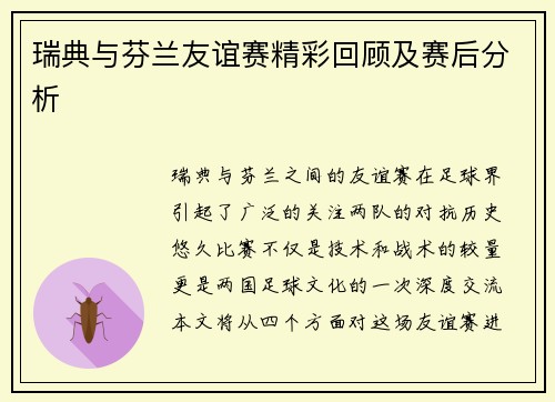 瑞典与芬兰友谊赛精彩回顾及赛后分析