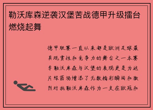 勒沃库森逆袭汉堡苦战德甲升级擂台燃烧起舞