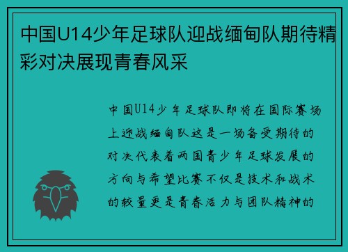 中国U14少年足球队迎战缅甸队期待精彩对决展现青春风采