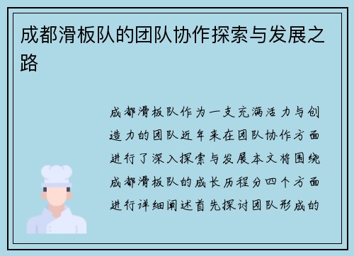 成都滑板队的团队协作探索与发展之路