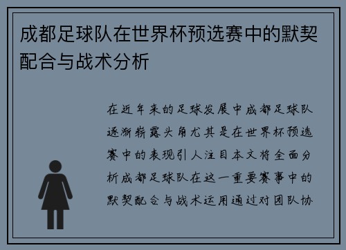 成都足球队在世界杯预选赛中的默契配合与战术分析