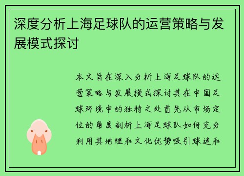 深度分析上海足球队的运营策略与发展模式探讨