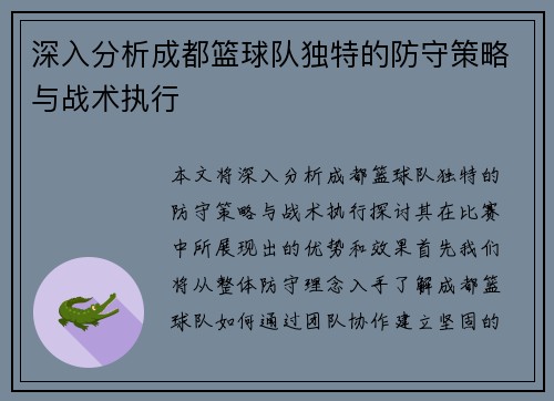 深入分析成都篮球队独特的防守策略与战术执行