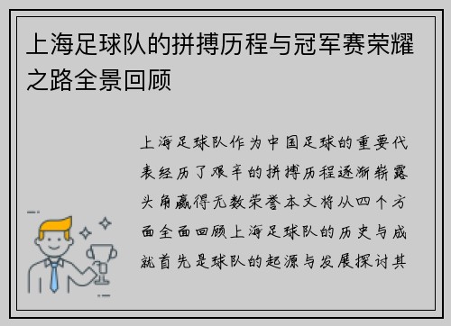 上海足球队的拼搏历程与冠军赛荣耀之路全景回顾