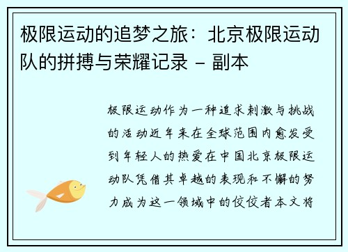 极限运动的追梦之旅：北京极限运动队的拼搏与荣耀记录 - 副本