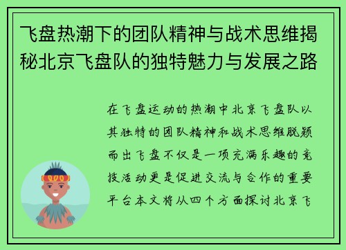 飞盘热潮下的团队精神与战术思维揭秘北京飞盘队的独特魅力与发展之路